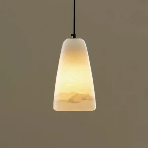 Illuminated Belfry pendant light with warm glowing alabaster shade creating ambient lighting