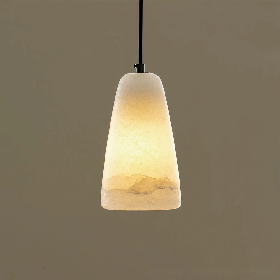 Illuminated Belfry pendant light with warm glowing alabaster shade creating ambient lighting