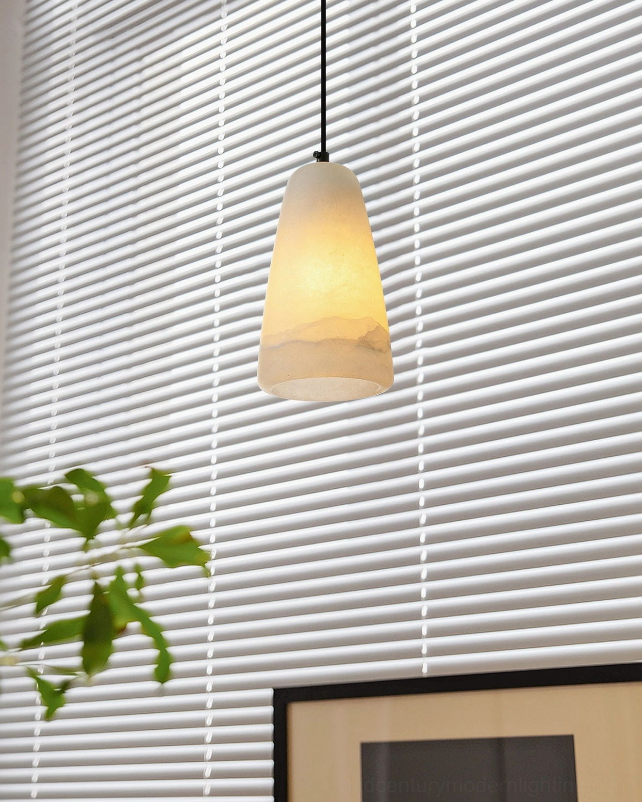 Close-up detail of Belfry pendant shade showing natural marble veining and alabaster grain