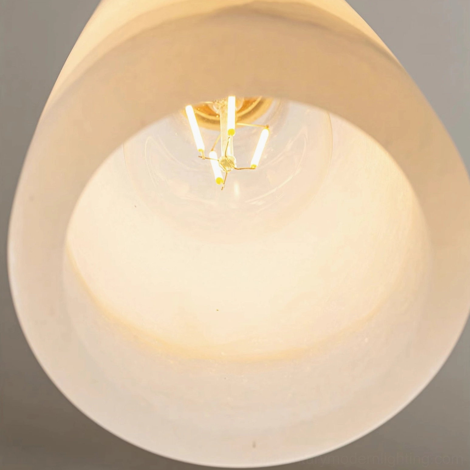 Bottom view of Belfry pendant lamp showing LED bulb socket and internal shade construction