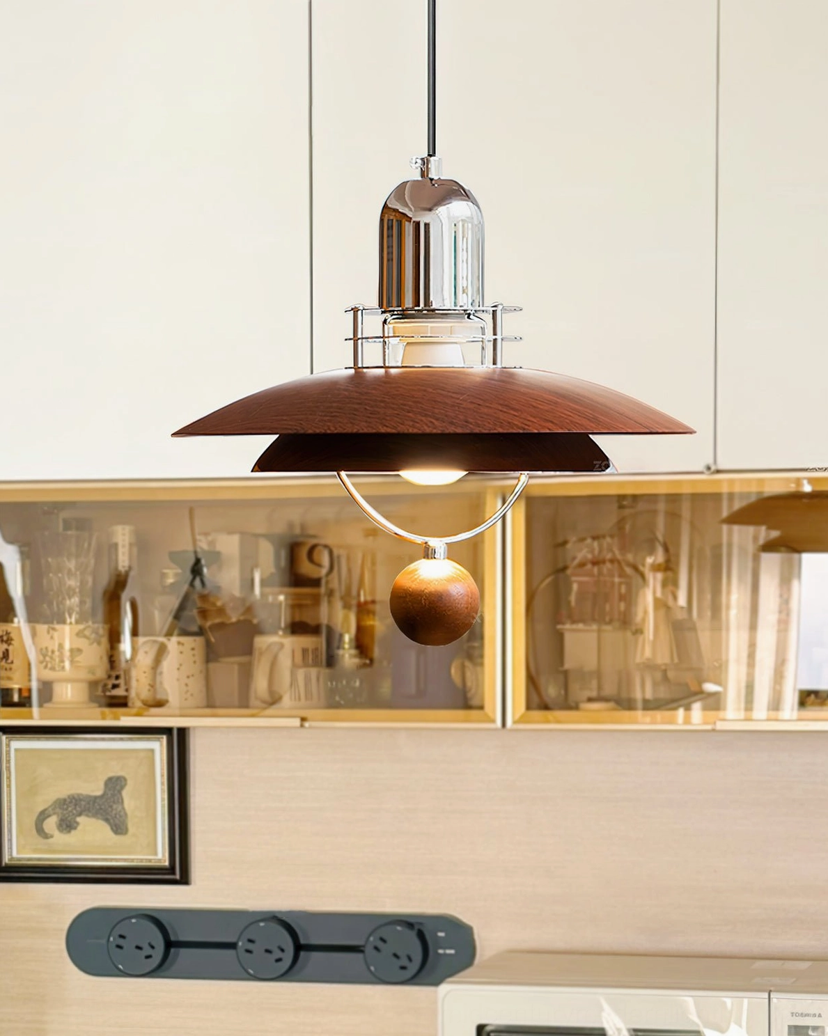 Belid mid-century pendant light in home kitchen bar area, warm walnut tone chrome accents modern rustic
