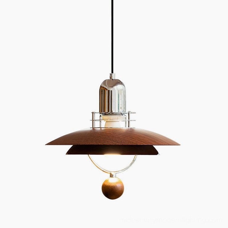 Belid pendant lamp front view studio shot, mid-century modern saucer shade walnut and chrome design
