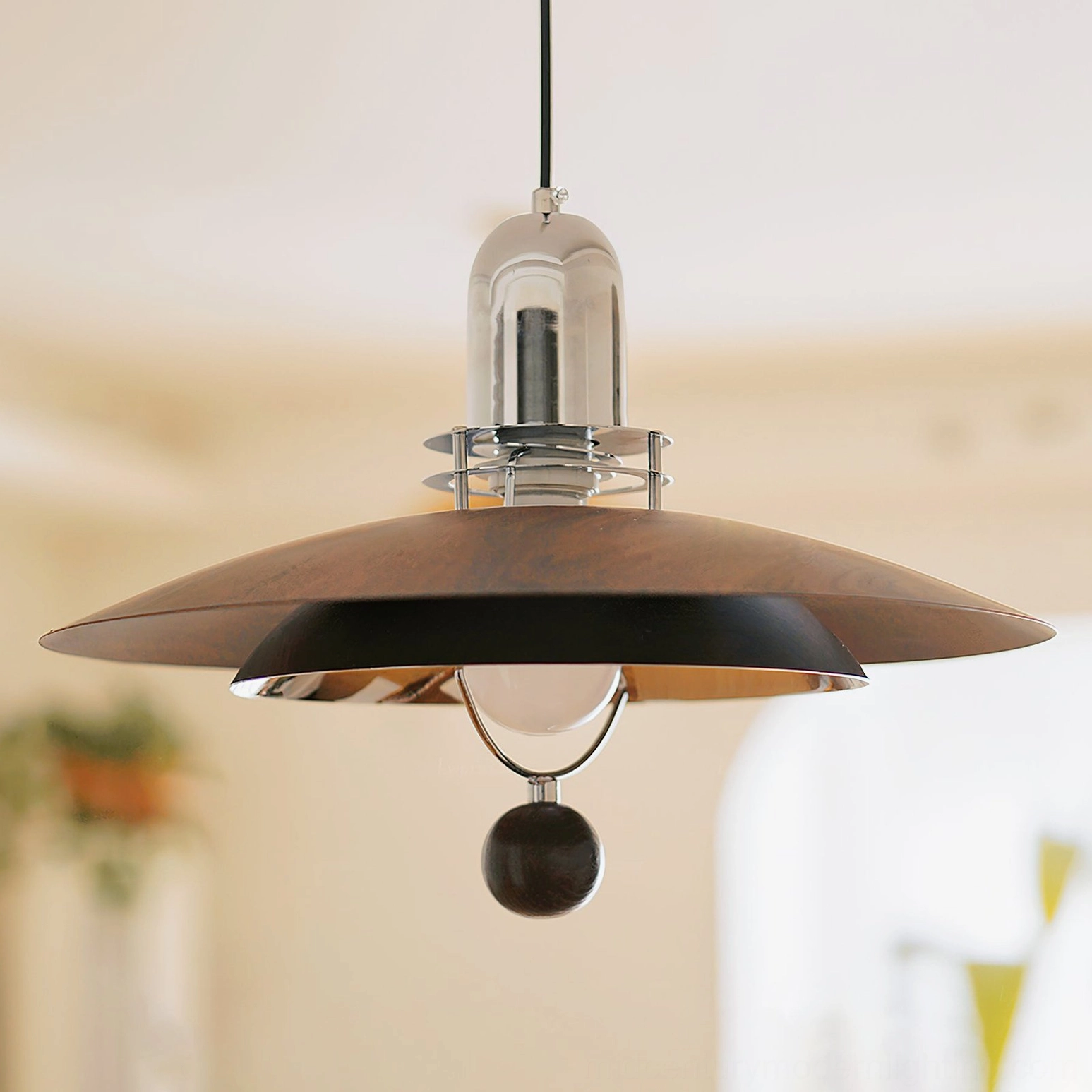 Belid retro pendant lamp low angle view in bright residential living room, oversized saucer design