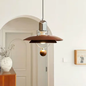 Belid retro pendant light in vintage arched entryway, three-quarter angle showing wooden ball accent detail