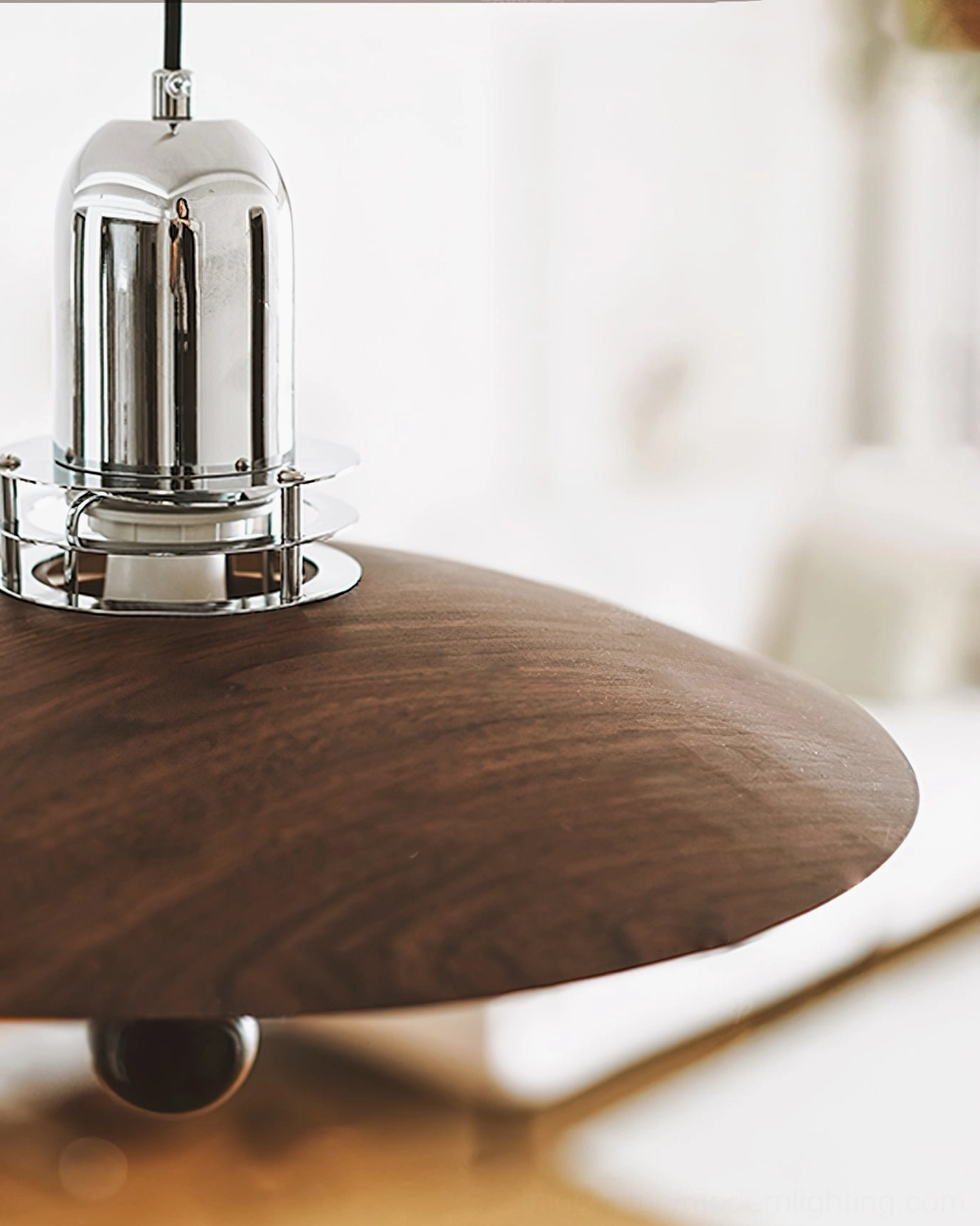 Belid mid-century modern pendant lamp detailed view, walnut wooden construction chrome fixtures