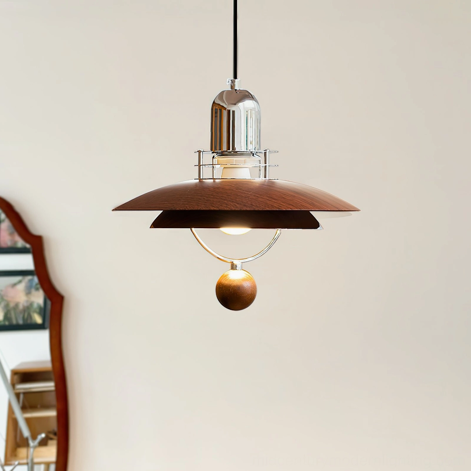 Close-up side profile of Belid pendant lamp, dark walnut layered shade with chrome metal fixtures