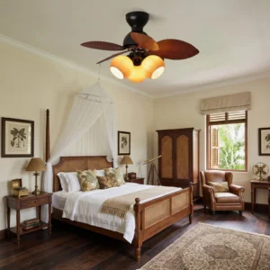 Belize ceiling fan light installed in classic colonial bedroom with warm brown wooden blades and integrated lighting fixture