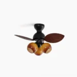 Belize tropical ceiling fan light with palm-shaped blades in dark walnut finish, studio front view against white background