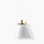 Bell pendant lamp studio view white glass with gold ceramic bow mid-century modern design