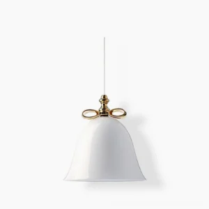Bell pendant lamp studio view white glass with gold ceramic bow mid-century modern design