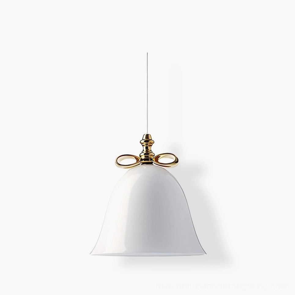 Bell pendant lamp studio view white glass with gold ceramic bow mid-century modern design