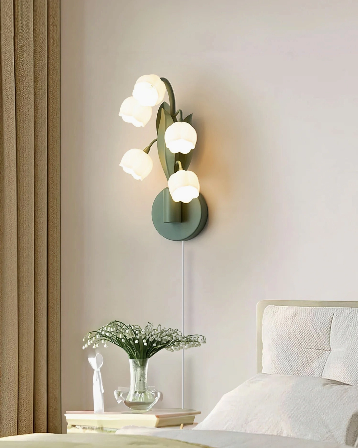 Bell Orchid plug-in wall lamp in bedroom with brown curtains and bedside plants, five blooms illuminated