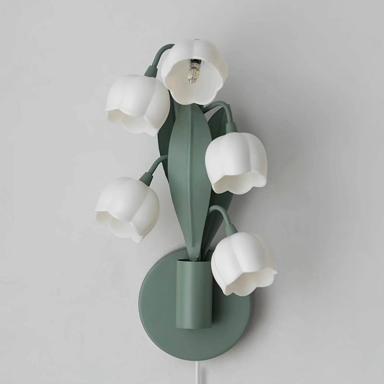 Bell Orchid botanical plug-in wall lamp with white bell-shaped lampshades and green stems, multiple angle view