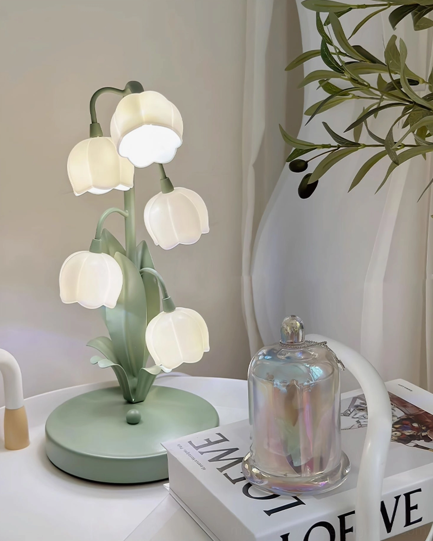 Bell Orchid Table Lamp with scale reference showing compact tabletop proportions and size