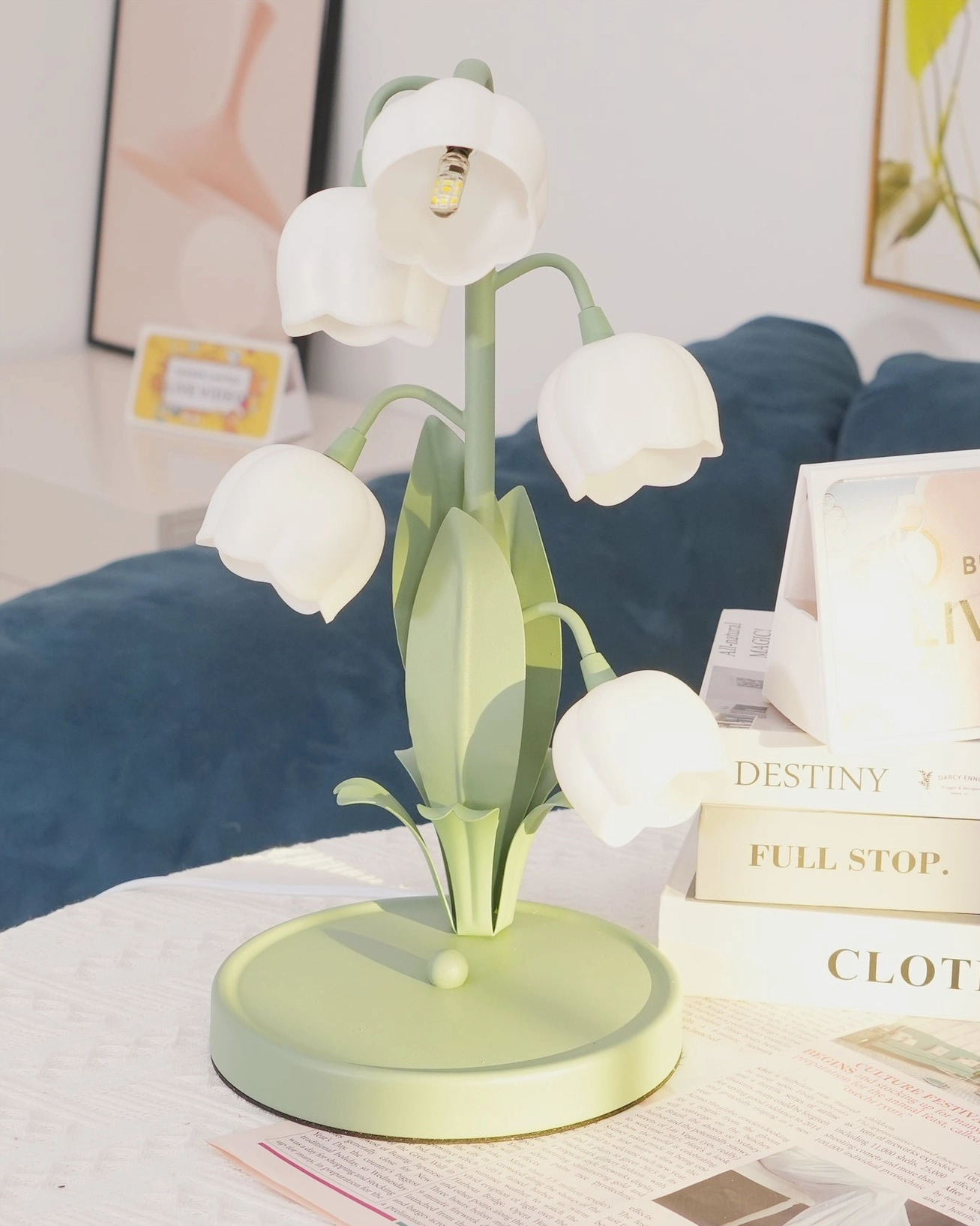 Bell Orchid Table Lamp illuminated detail showing printed orchid pattern with light diffusion effect