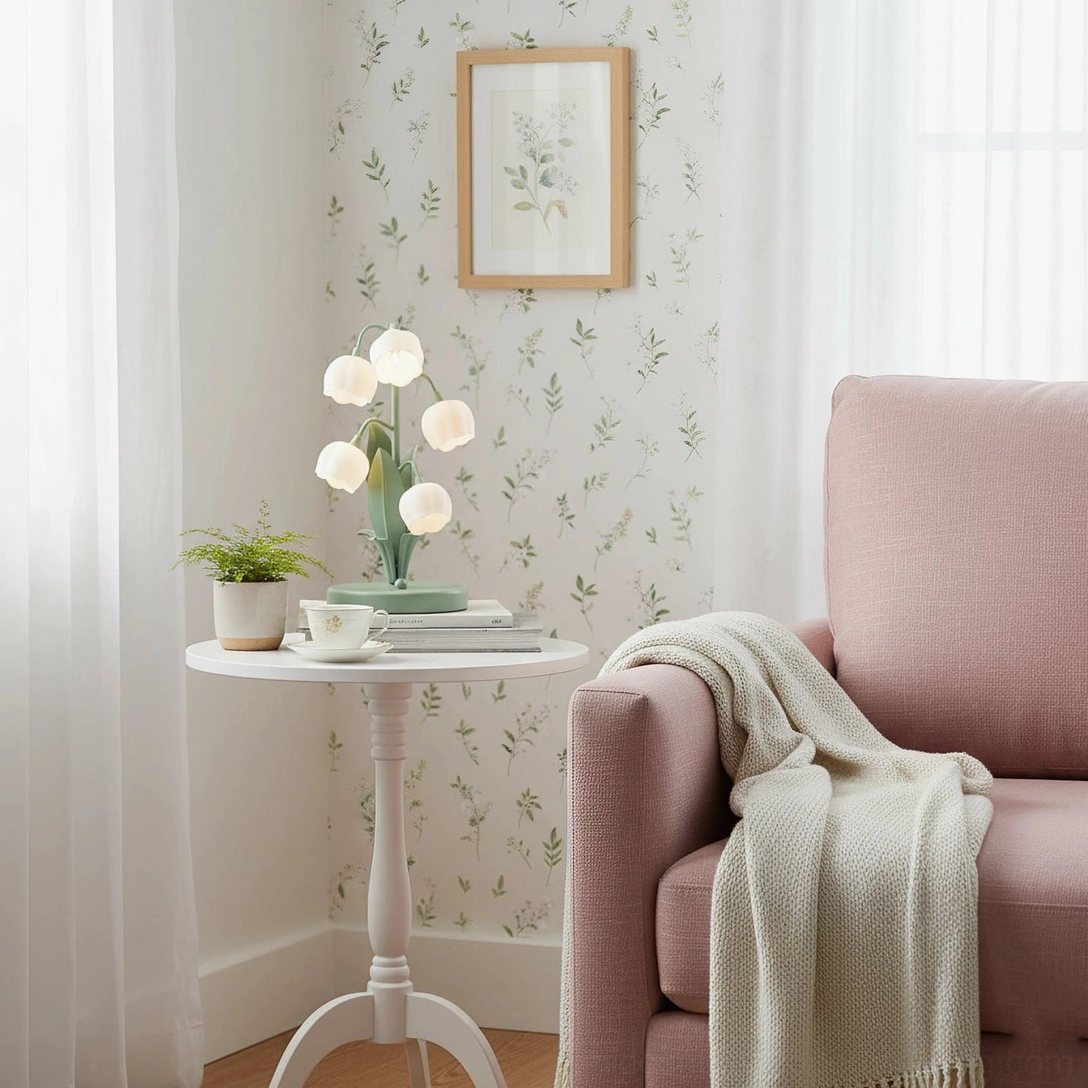 Lit Bell Orchid Table Lamp in living room lounge corner with floral wallpaper and pink sofa furniture