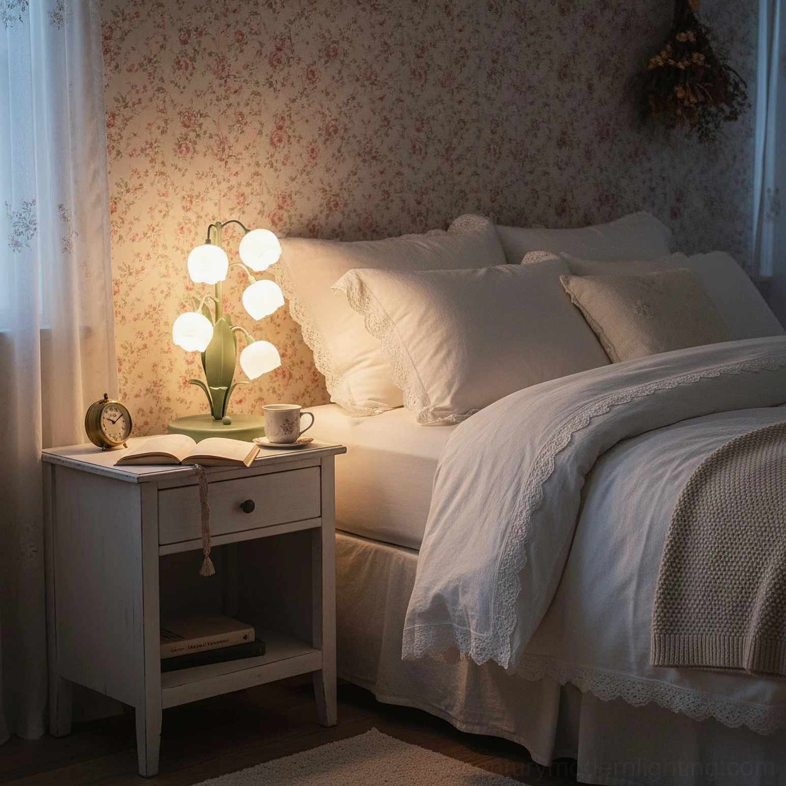 Bell Orchid Table Lamp three-quarter view highlighting sage green finish and bell-shaped design