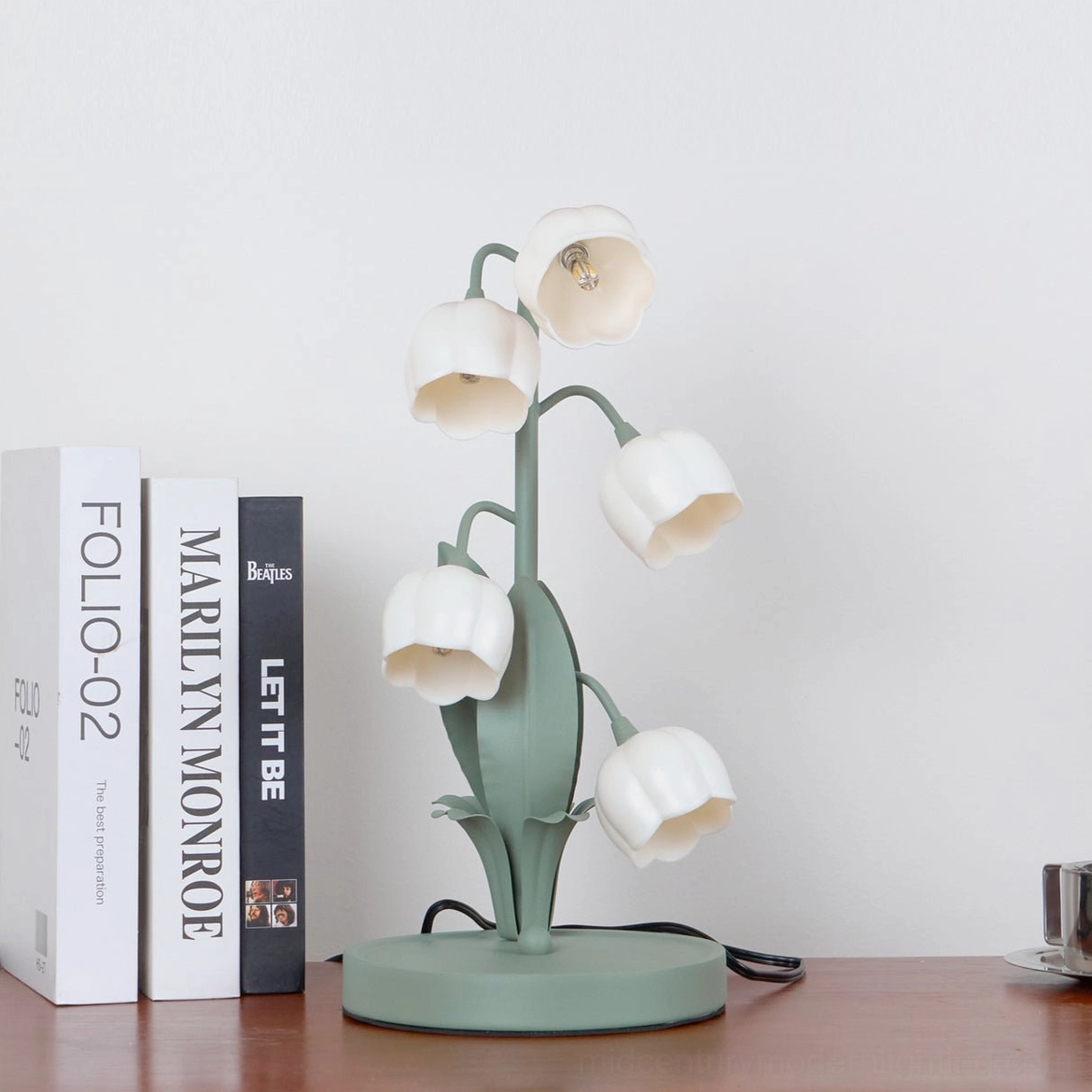 Bell Orchid Table Lamp both finish options sage green and white side-by-side color comparison