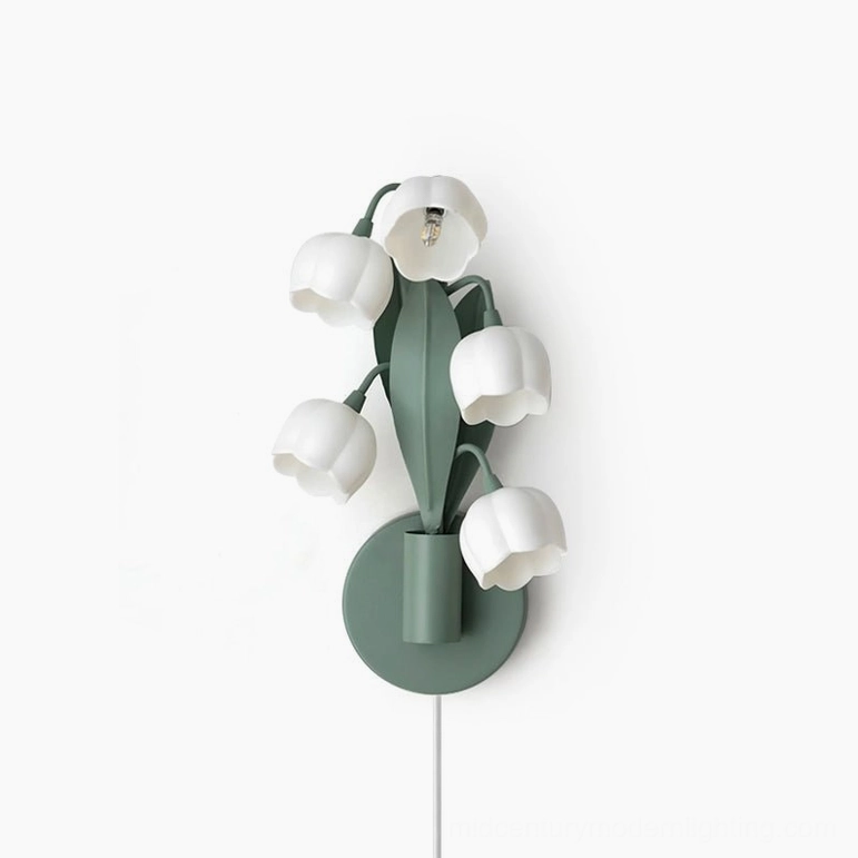 Bell Orchid plug-in wall lamp with white PC lampshades and green stems, product display image for all plug variants