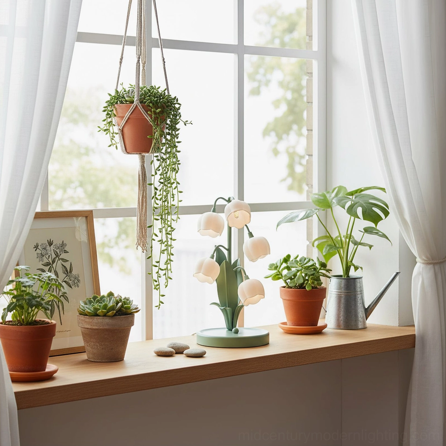 Mini Bell Orchid Table Lamp on windowsill with potted plants and hanging greenery botanical display