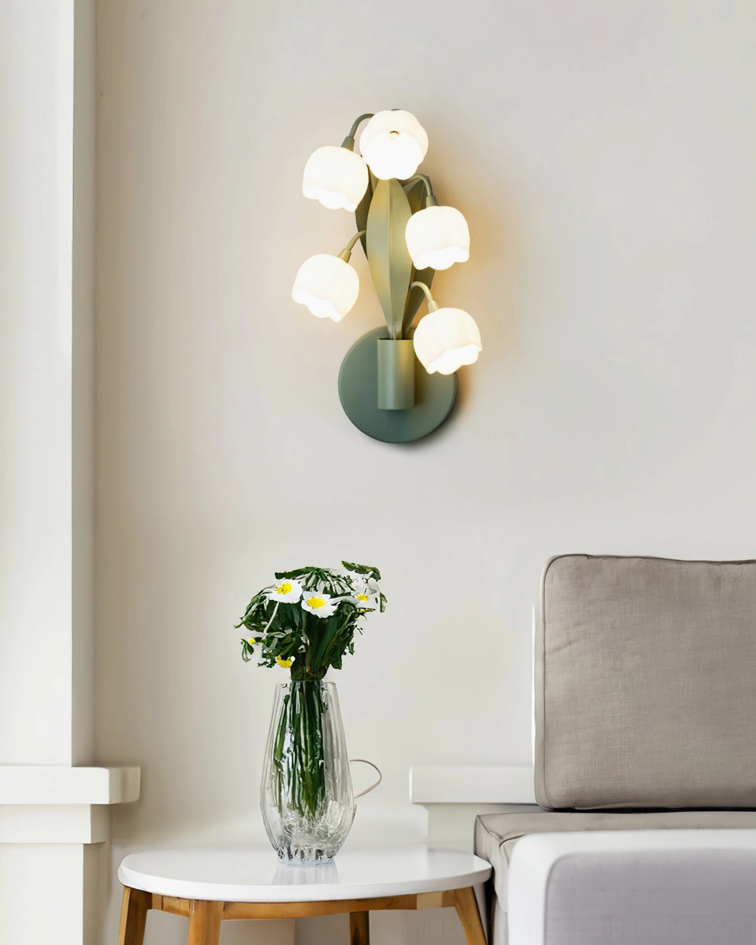 Bell Orchid botanical wall fixture diametral view showing five flower bud arrangement and metal base construction