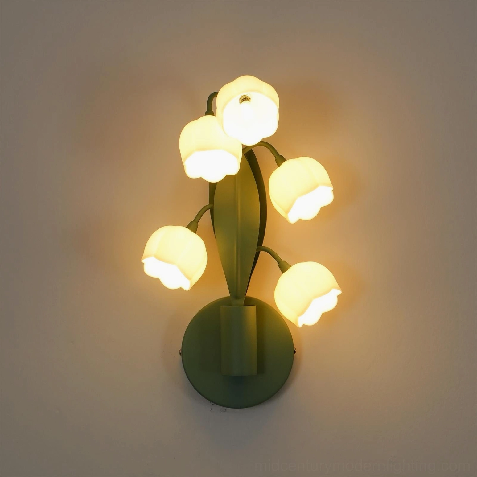 Bell Orchid botanical wall lamp complete fixture composition showing all five flower buds and base proportions