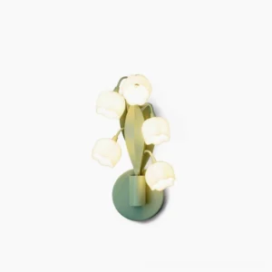 Bell Orchid Wall Lamp with frosted white bell-shaped flower buds and green metal stem mounted on plain white background