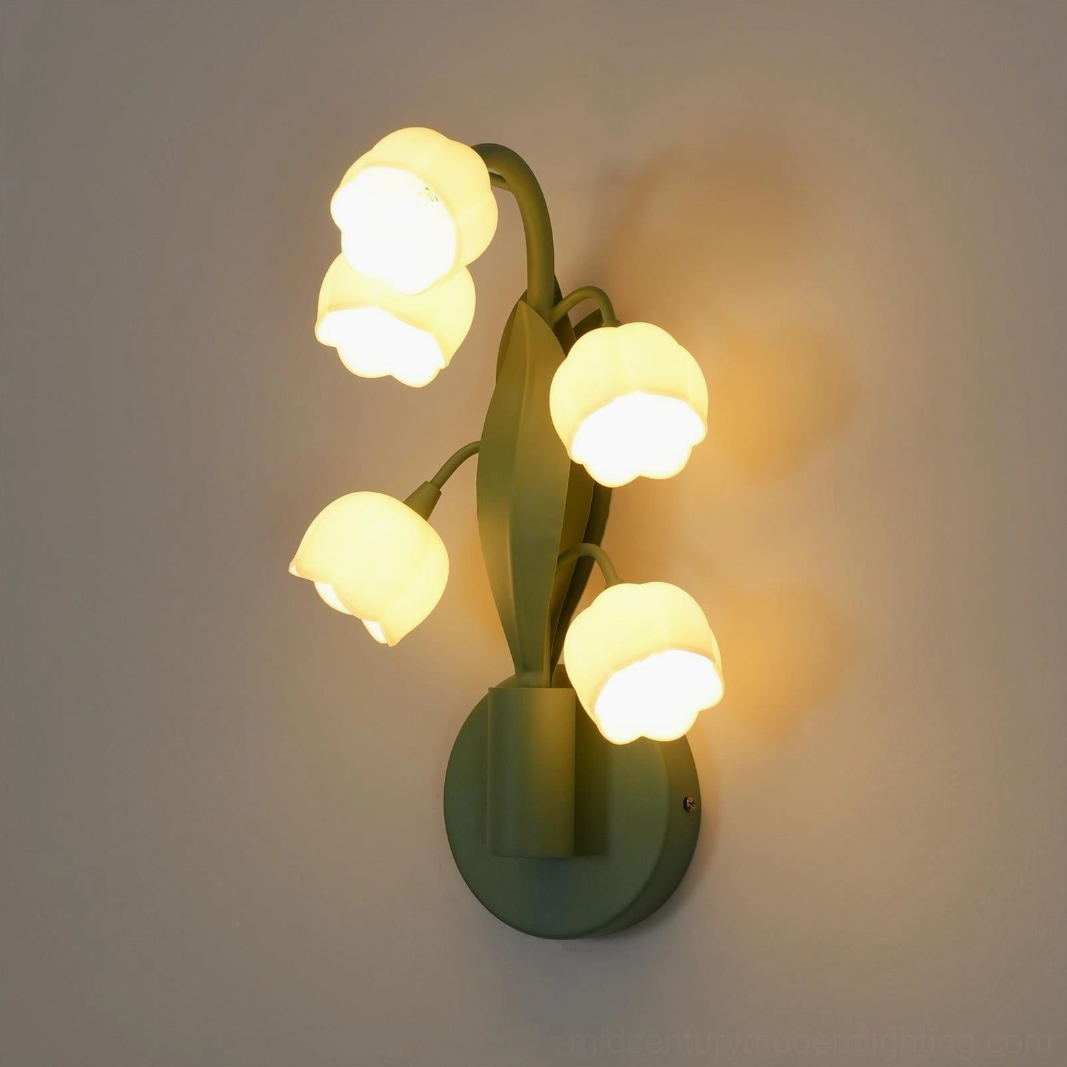 Bell Orchid wall lamp green and white finish color option with warm sage metal and frosted polycarbonate
