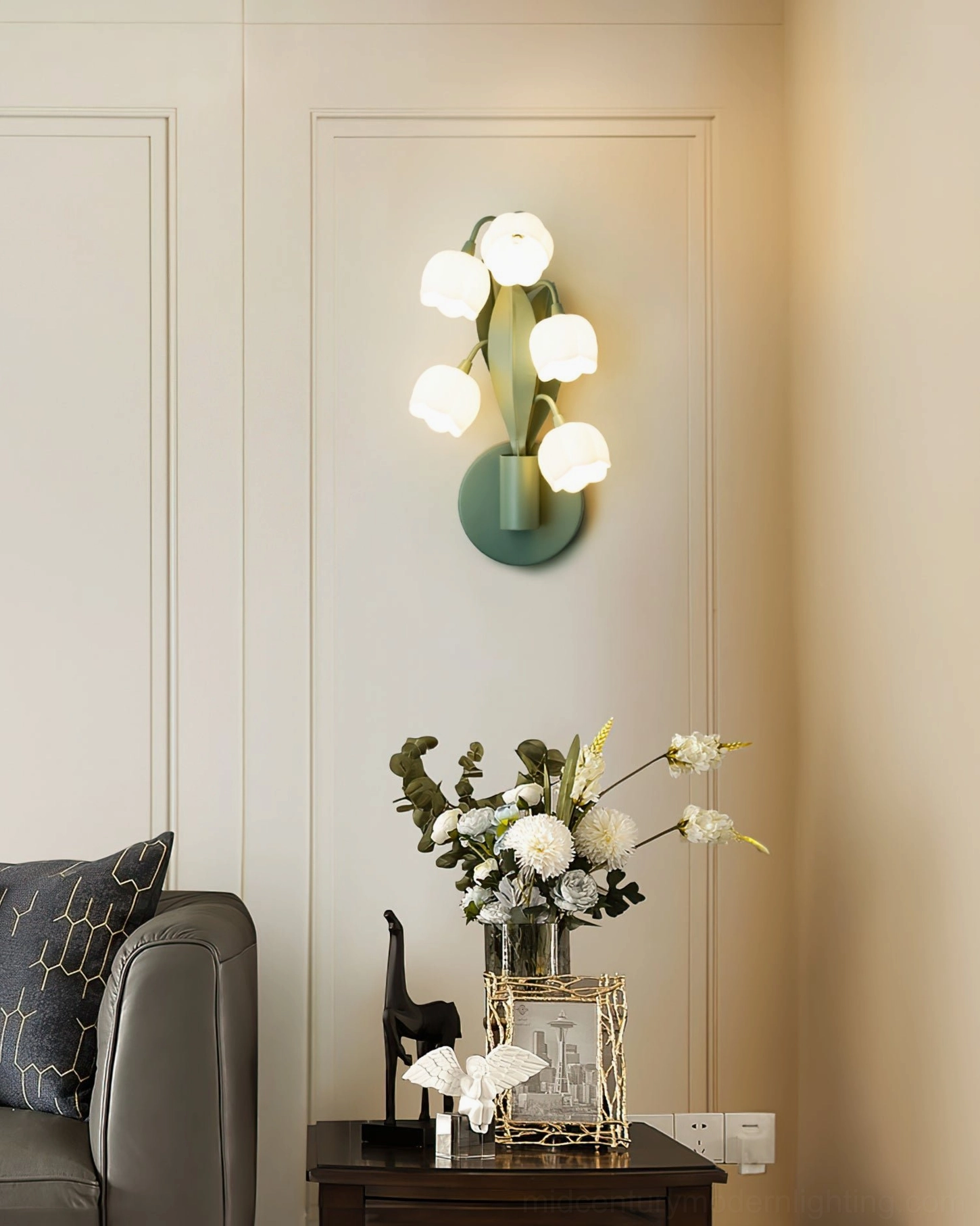 Bell Orchid wall lamp installation detail showing wall plate mounting bracket and hardwired electrical connection point