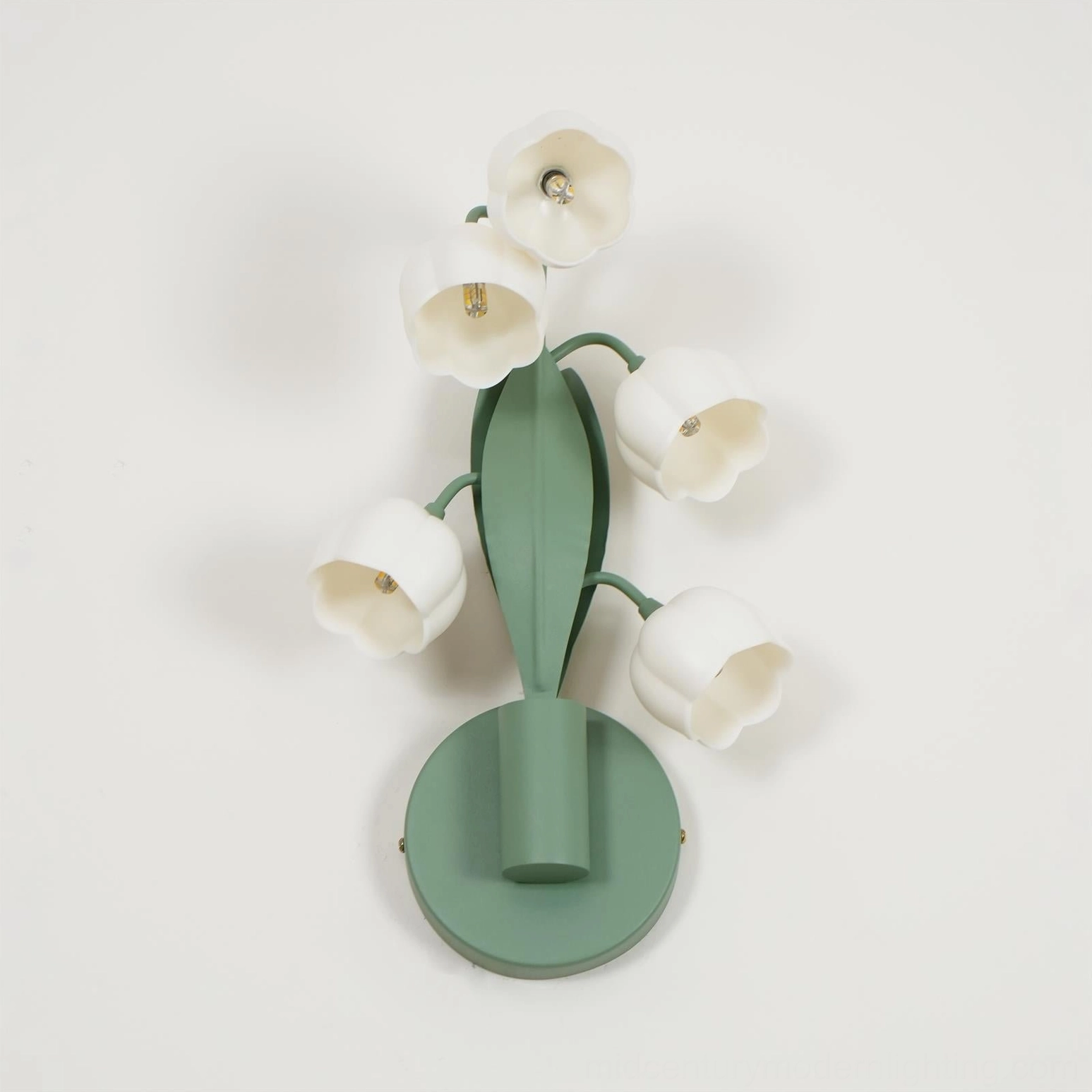 Bell Orchid Wall Lamp fresh minimalist style with green metal base and milky white frosted flower shades front view