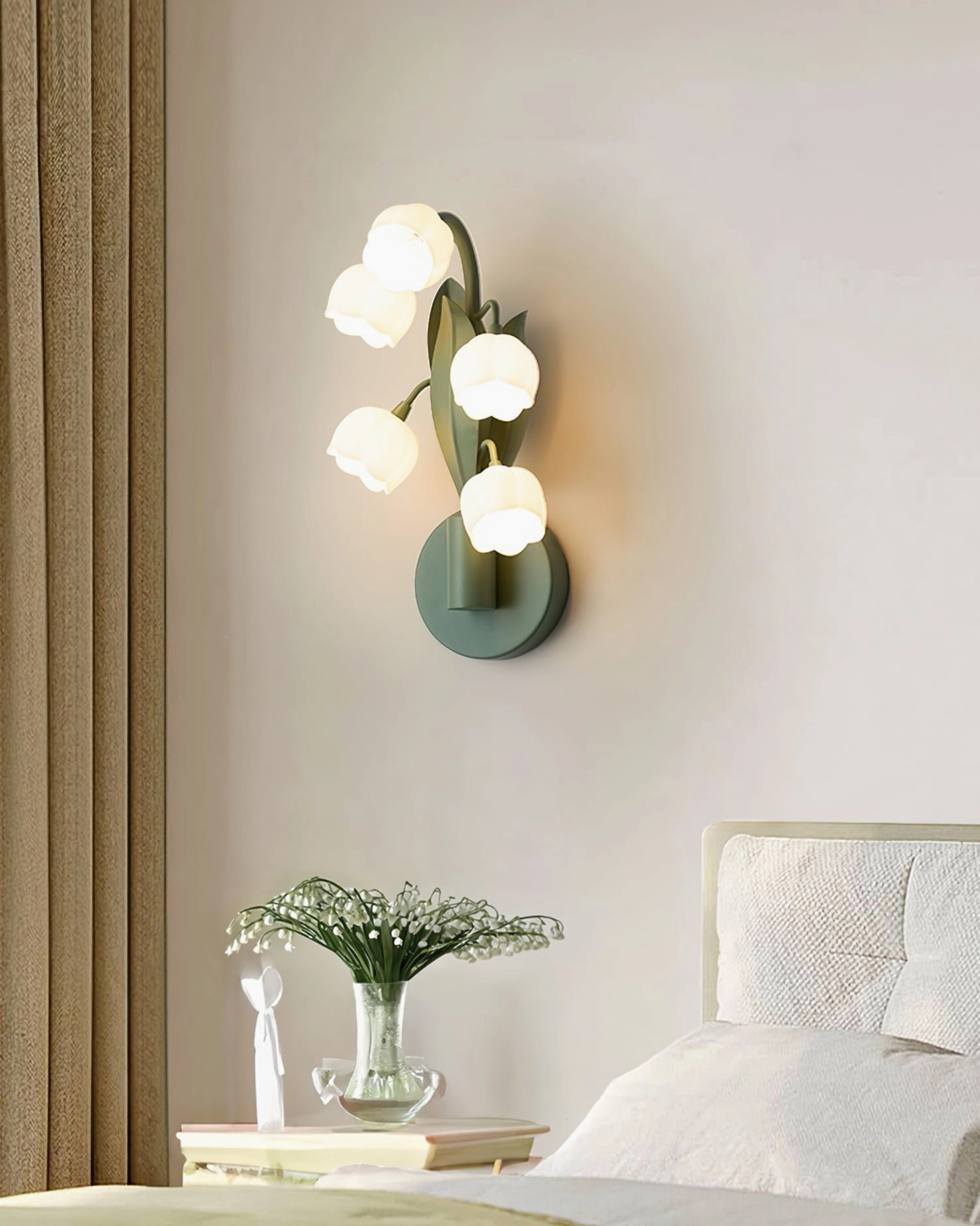 Bell Orchid wall lamp reading nook corner installation with textured fabrics and warm hygge aesthetic decor