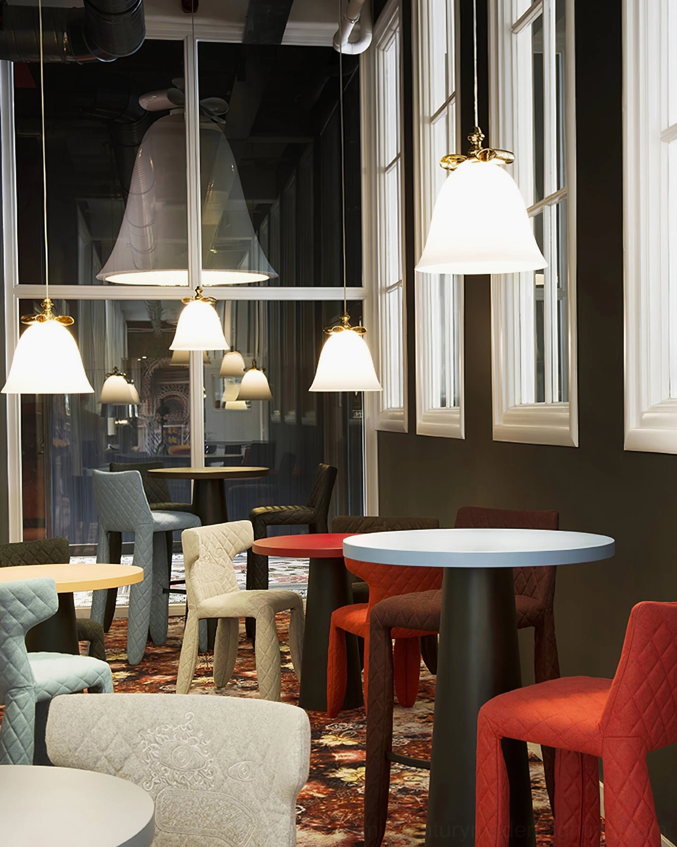 Multiple bell pendant lamps hanging retro industrial restaurant warm decor