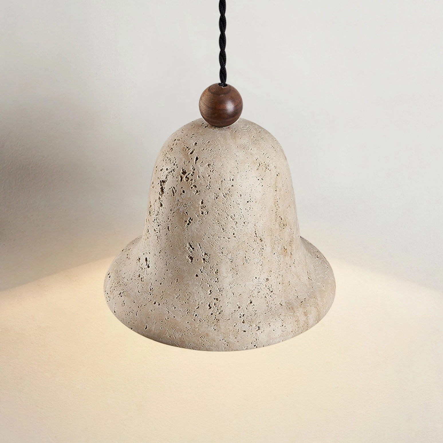 Multi-view composition of bell travertine pendants in various configurations and mounting options