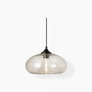 Bella hand-blown glass pendant lamp with clear glass shade and black metal canopy, front view on white background