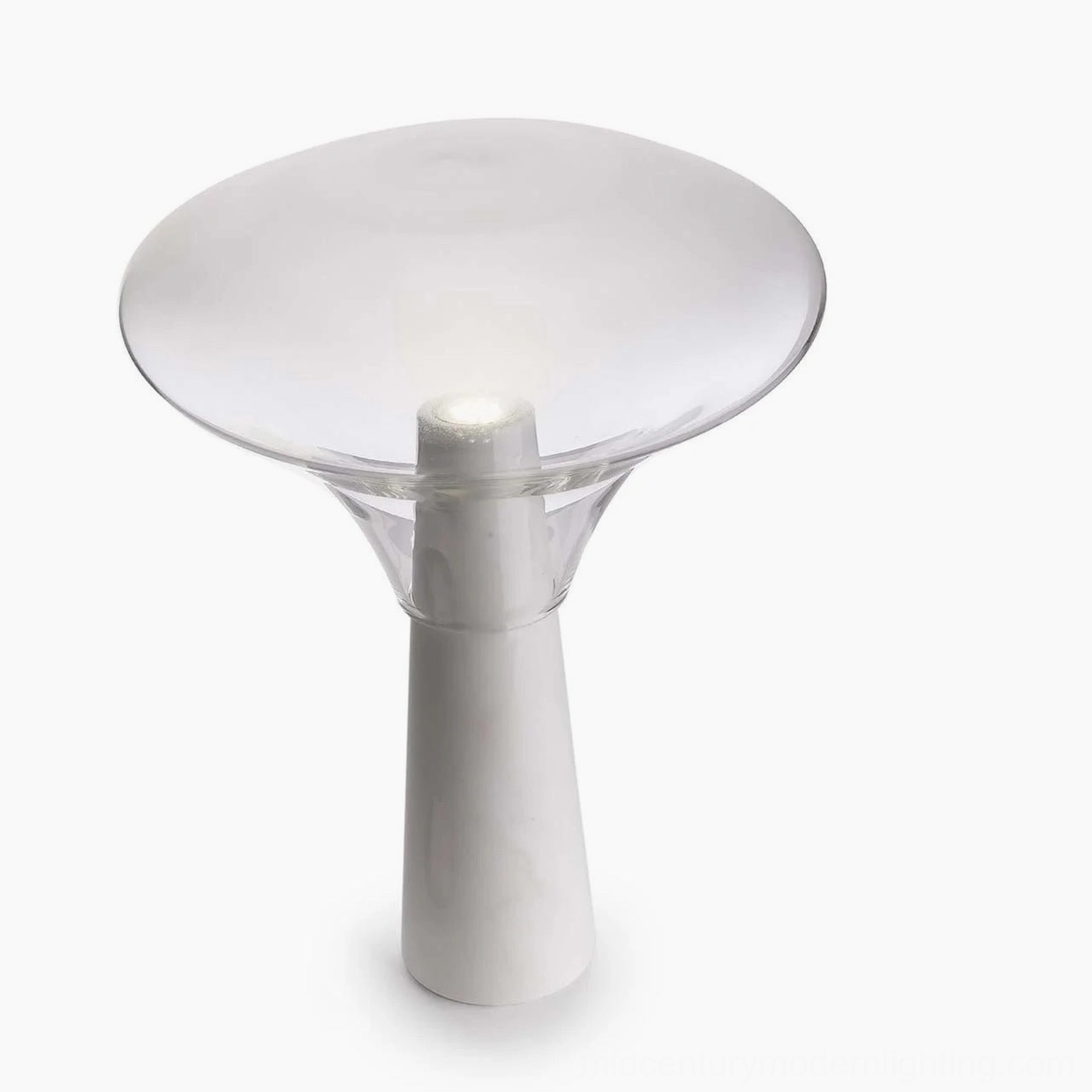 Bella lamp profile view, sculptural mushroom silhouette with marble and glass construction
