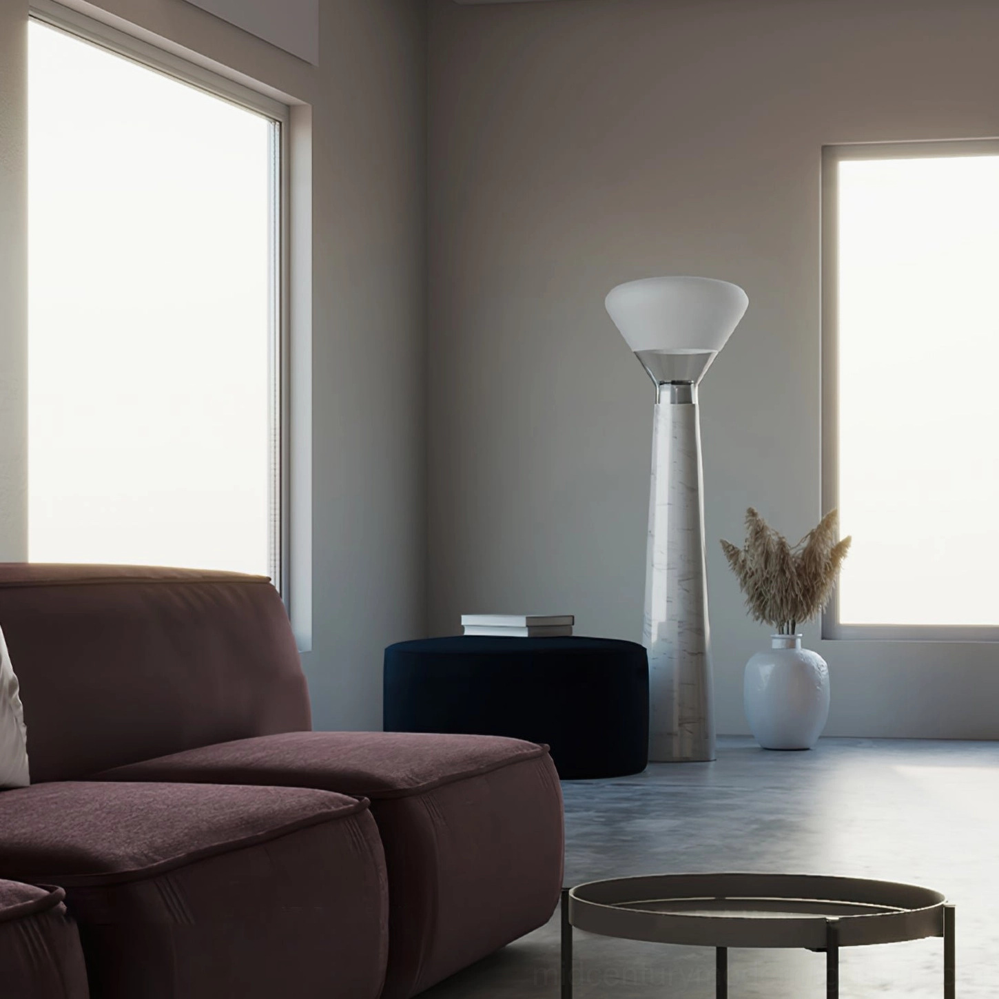 Bella marble floor lamp side perspective dark brown sofa contemporary interior design