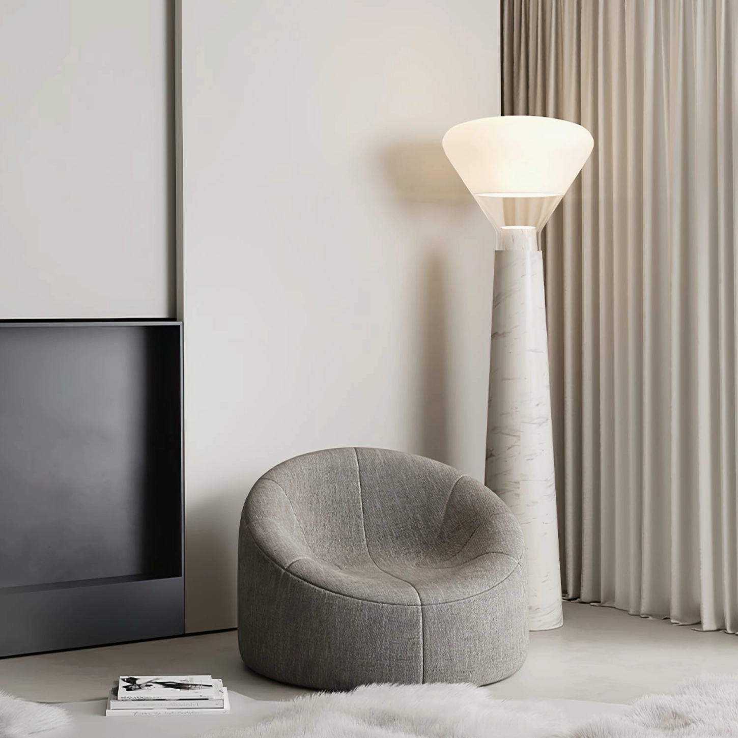 Bella marble floor lamp three-quarter view living room gray sofa scandinavian design
