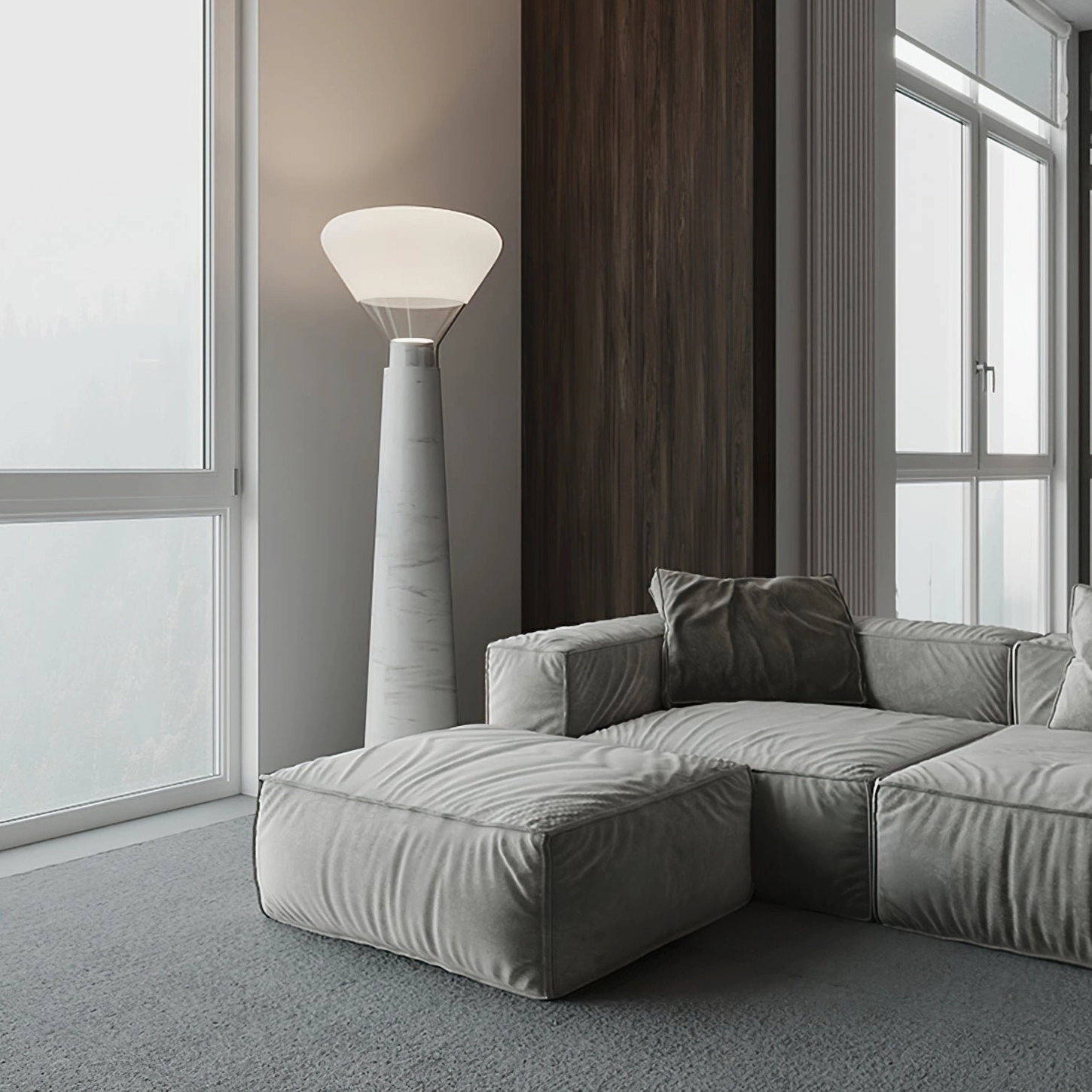 Bella marble floor lamp light gray sectional sofa tall marble column fixture detail