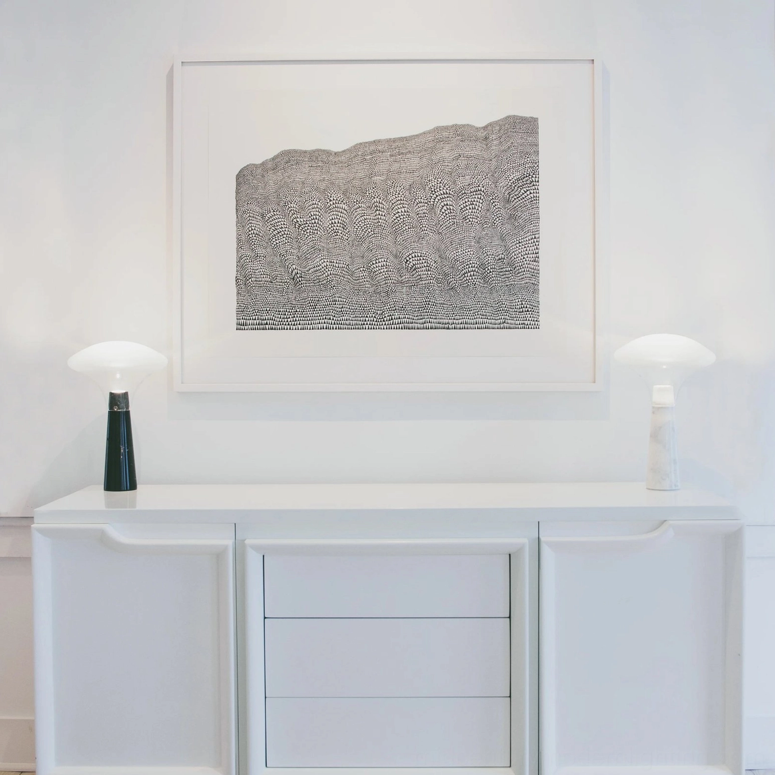 Bella marble table lamp, mouth-blown glass shade with warm LED glow, contemporary luxury