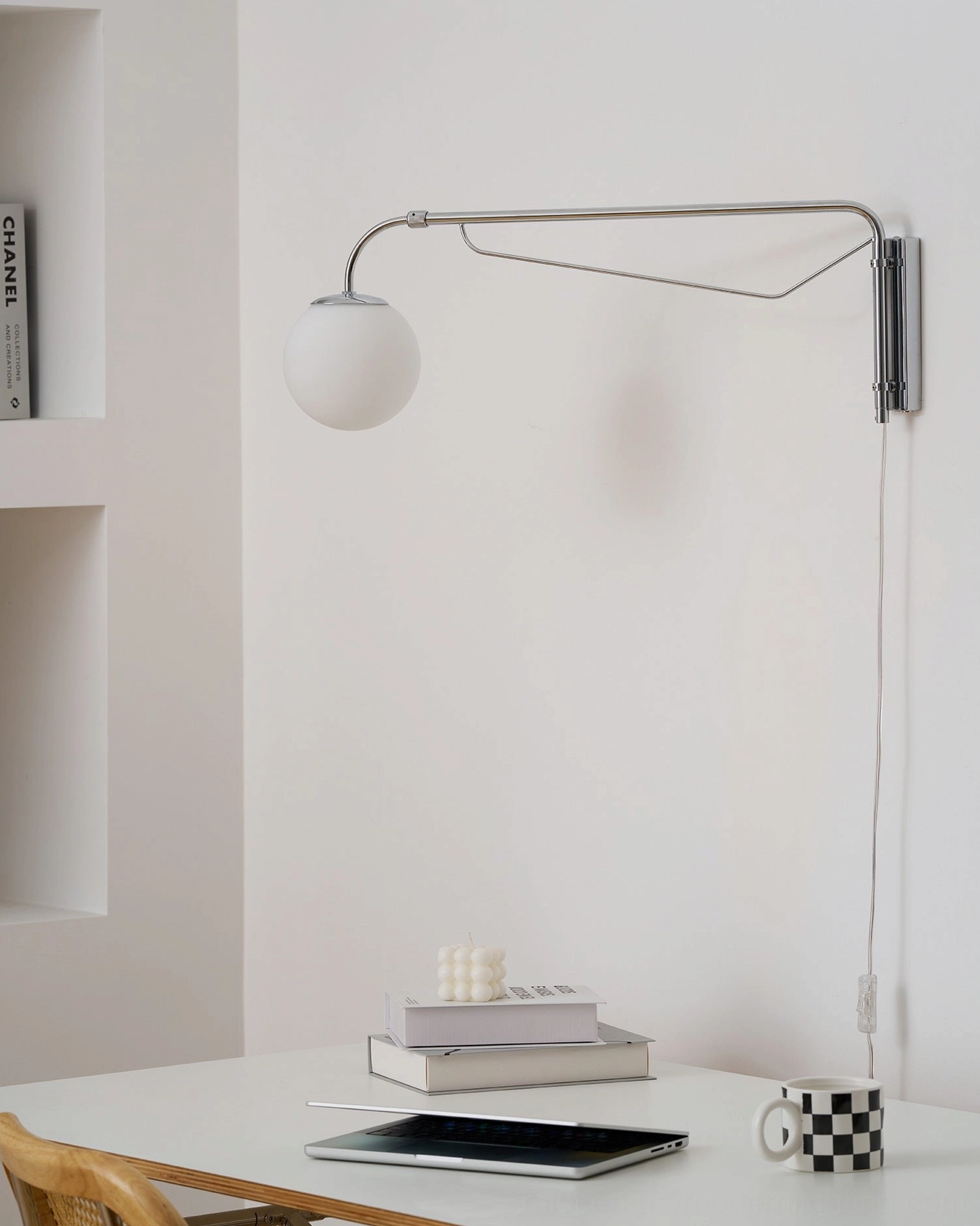 Contemporary adjustable wall lamp arm extension range 65cm to 92cm showcase