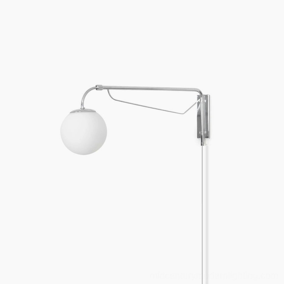 Bellman adjustable swing arm wall sconce, chrome finish, displayed in minimalist setting with white background