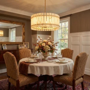 Belmont alabaster chandelier illuminated in formal traditional dining room with round table and floral centerpiece
