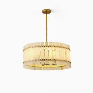 Belmont alabaster drum chandelier with brass hardware, overhead studio view showing round pendant silhouette and natural stone veining