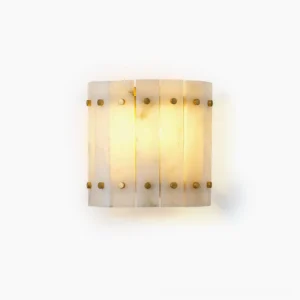 Belmont Alabaster Wall Sconce front studio view with translucent segmented panels and brass studs