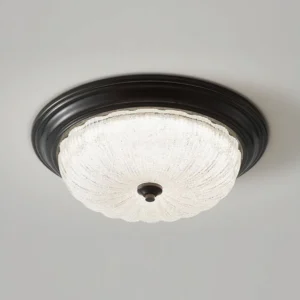 Belmont ceiling lamp ribbed frosted glass diffuser detail, matte black trim, studio background