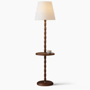 Benjamin mid-century modern floor lamp with walnut wood stem and white fabric shade, front view studio shot