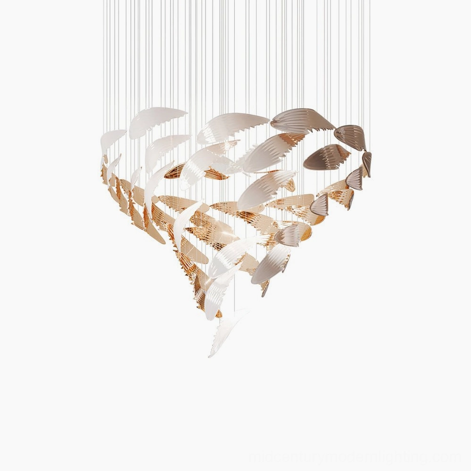 Bennett Wings Chandelier bottom view showing the complete cascading wing array with integrated LED warm light creating layered ambient glow