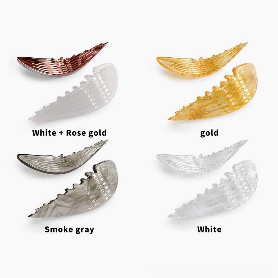 Bennett Wings Chandelier four finish options laid flat showing white, gold, rose gold, and white metallic color palette on white studio background