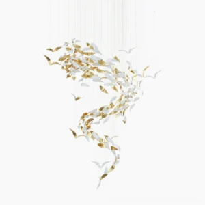 Bennett Wings Chandelier front studio view white and gold dual-tone finish with dynamic suspended wing elements against white background