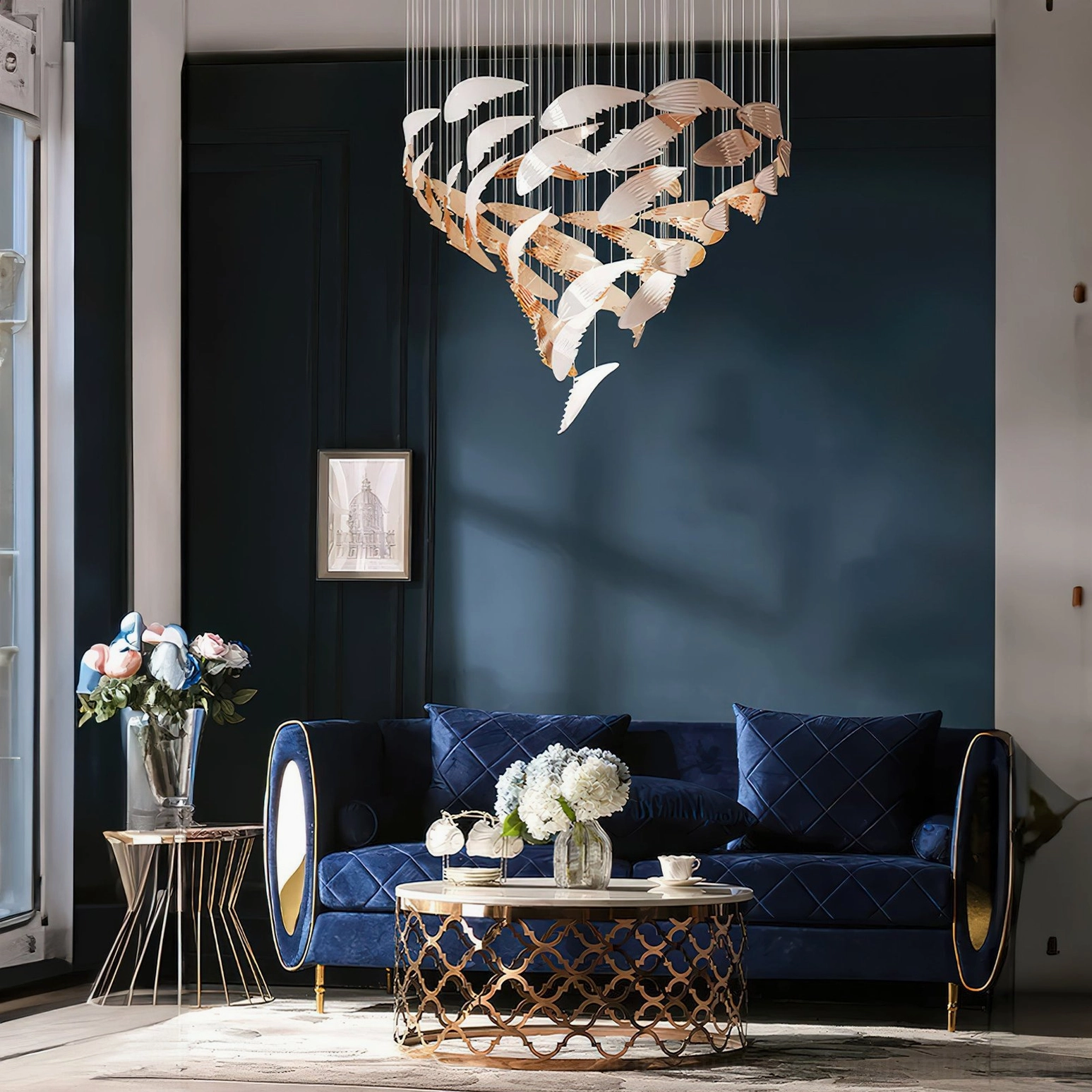 Bennett Wings Chandelier full installation view showcasing complete cascading spiral formation with integrated LED warm light illuminating all suspended wing elements